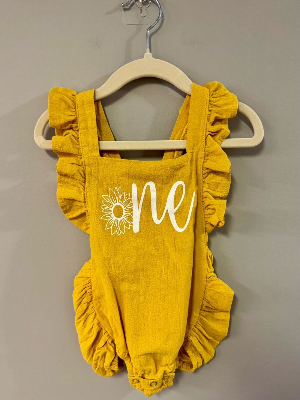Mustard Yellow Ruffle Baby Romper with Sunflower 'one' Graphic